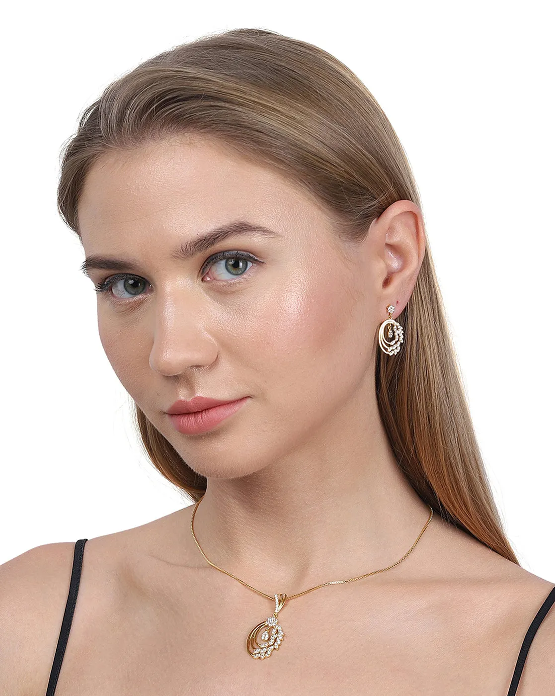 Carlton London Gold Plated With Zirconia Oval Pendant And Chain With Earring Set