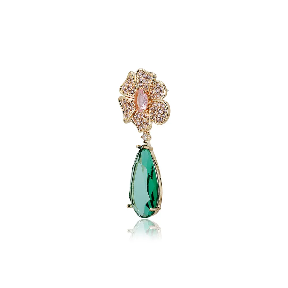 Carlton London Premium Jwlry-Gold & Green Toned Cz Studded Gold-Plated Teardrop Shaped Handcrafted Drop Earrings Fje4150