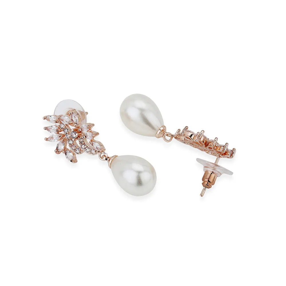 Carlton London Premium Jwlry-Rose Gold & White Toned Pearls Studded Rose Gold-Plated Contemporary Handcrafted Drop Earrings Fje4113