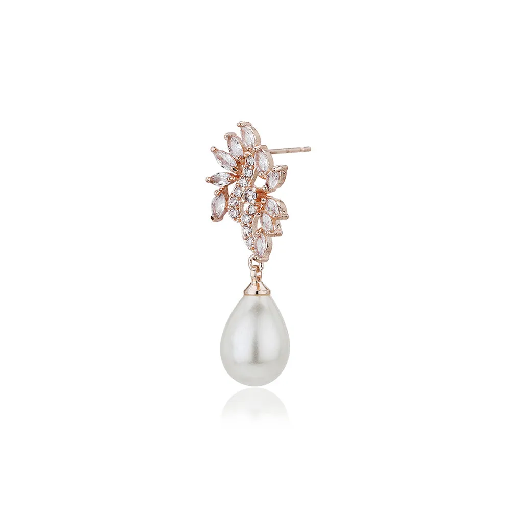 Carlton London Premium Jwlry-Rose Gold & White Toned Pearls Studded Rose Gold-Plated Contemporary Handcrafted Drop Earrings Fje4113