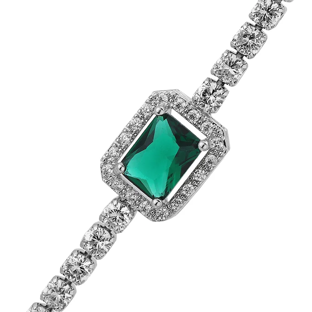 Carlton London Premium Jwlry-Silver & Green Toned Cz Studded Rhodium-Plated Wraparound Adjustable Bracelet Fjb4177