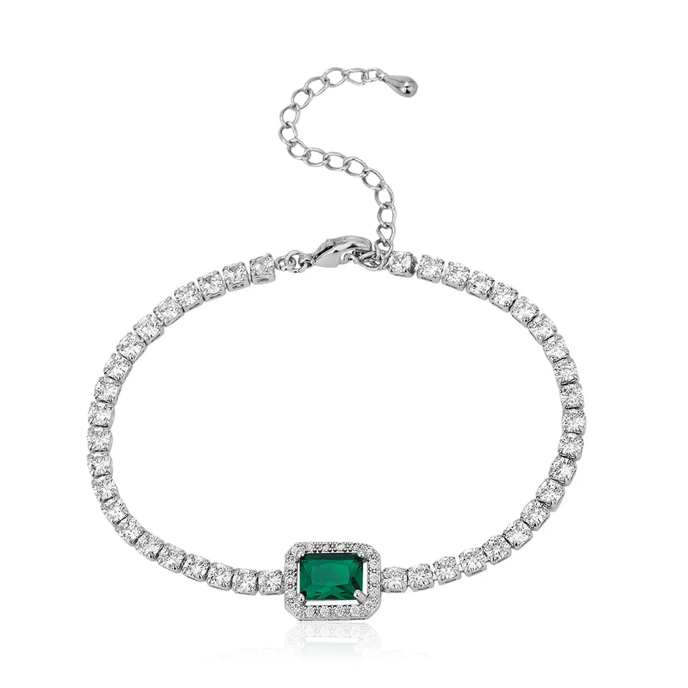 Carlton London Premium Jwlry-Silver & Green Toned Cz Studded Rhodium-Plated Wraparound Adjustable Bracelet Fjb4177