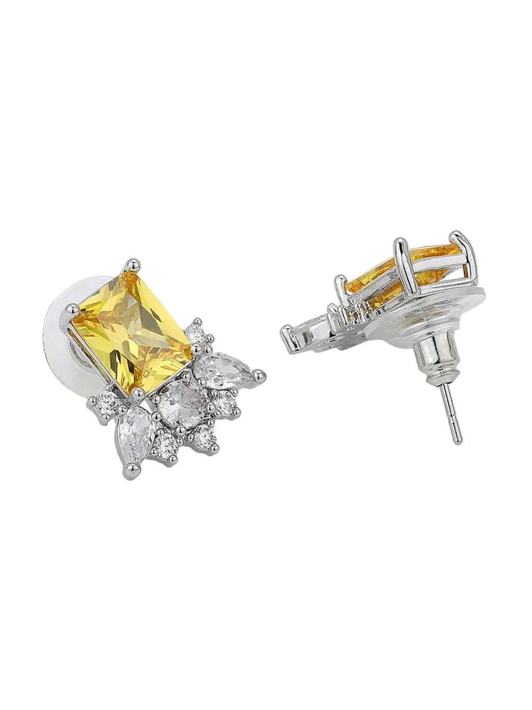 Carlton London Premium Jwlry-Silver & Yellow Toned Cz Studded Rhodium-Plated Contemporary Handcrafted Studs Earrings Fje4111