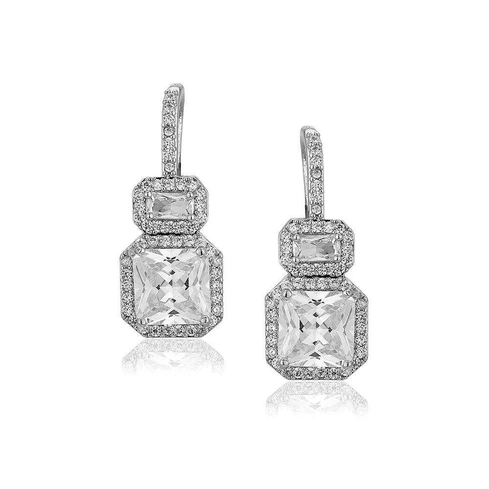 Carlton London Premium Jwlry-Silver Toned Cz Studded Rhodium-Plated Square Handcrafted Drop Earrings Fje4116