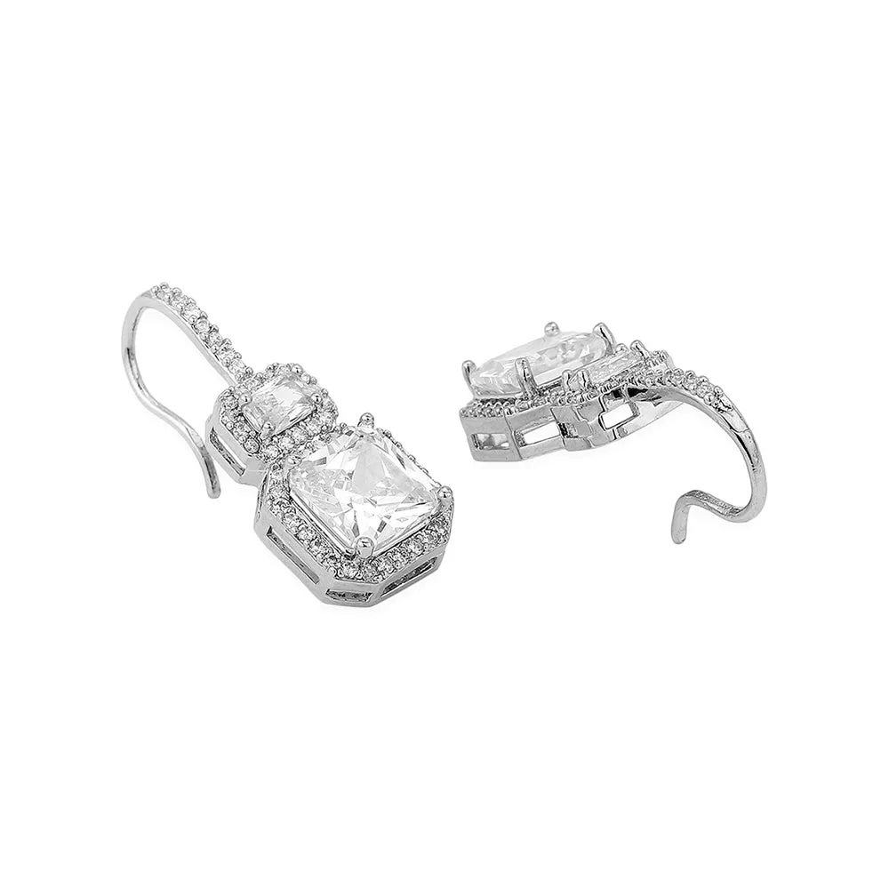 Carlton London Premium Jwlry-Silver Toned Cz Studded Rhodium-Plated Square Handcrafted Drop Earrings Fje4116