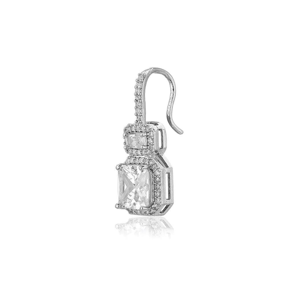 Carlton London Premium Jwlry-Silver Toned Cz Studded Rhodium-Plated Square Handcrafted Drop Earrings Fje4116