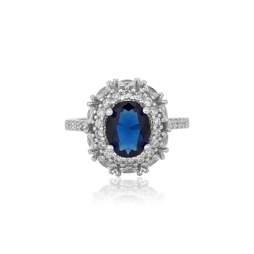 Carlton London Premium Rhodium Plated Silver Toned Blue Stone Studded Adjustable Ring For Women