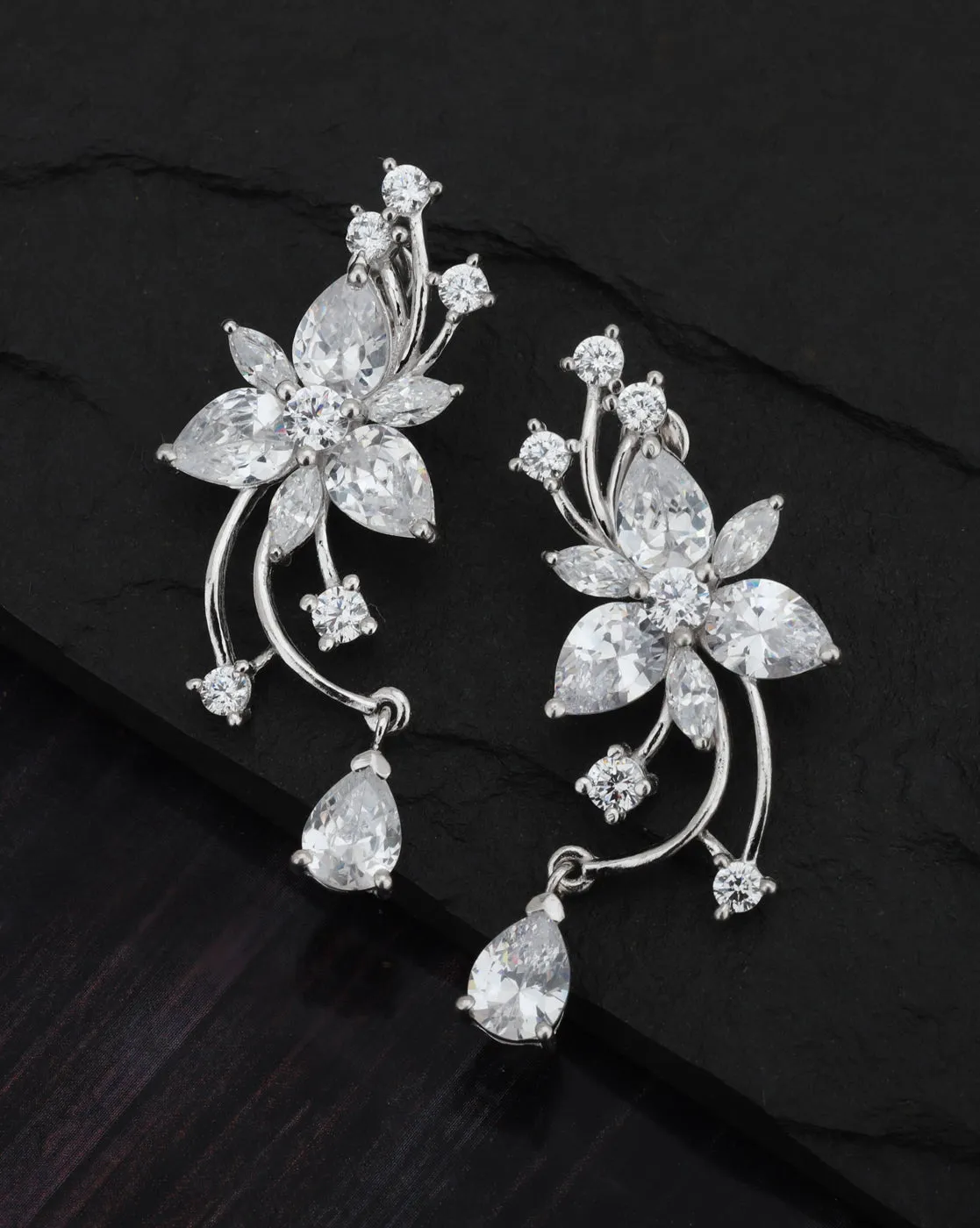 Carlton London Rhodium Plated Contemporary Cz Floral Drop Earring For Women