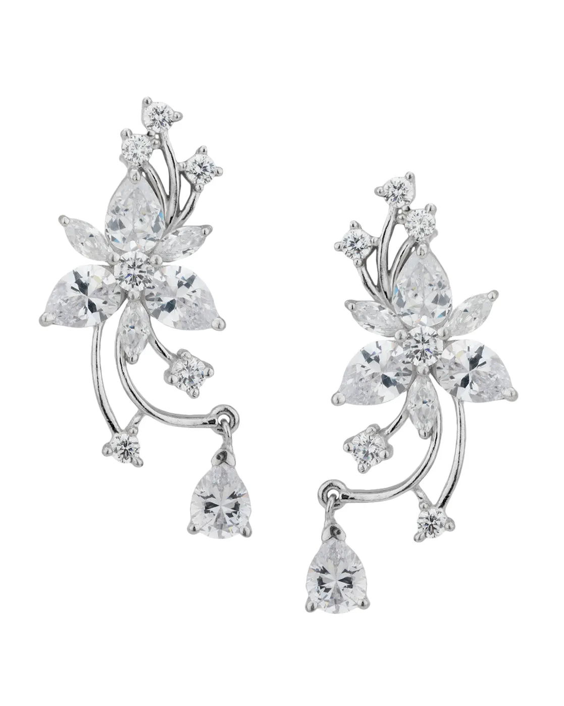 Carlton London Rhodium Plated Contemporary Cz Floral Drop Earring For Women