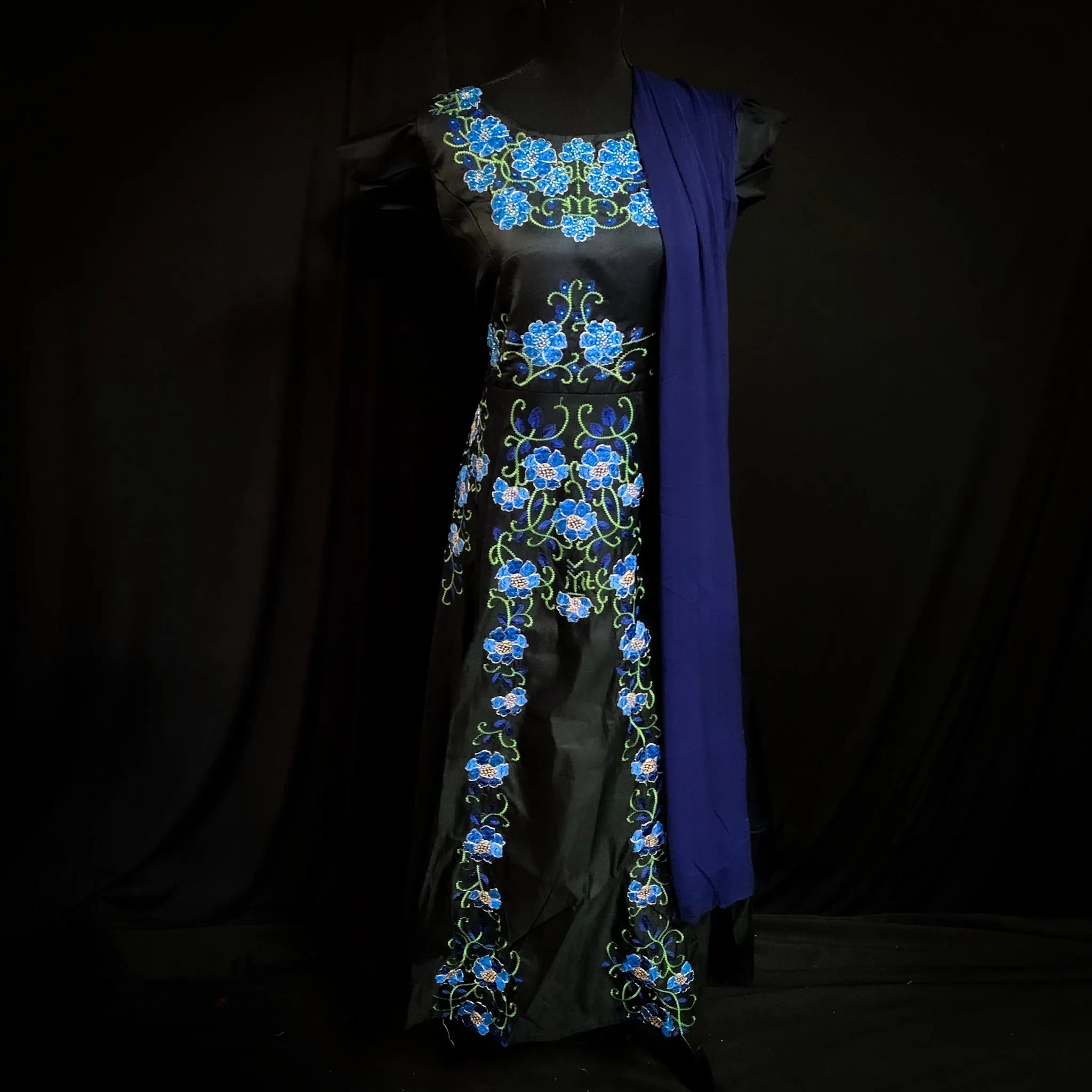 Charming Black Salwar Suit with very Unique Light Blue Floral Embroidery Work