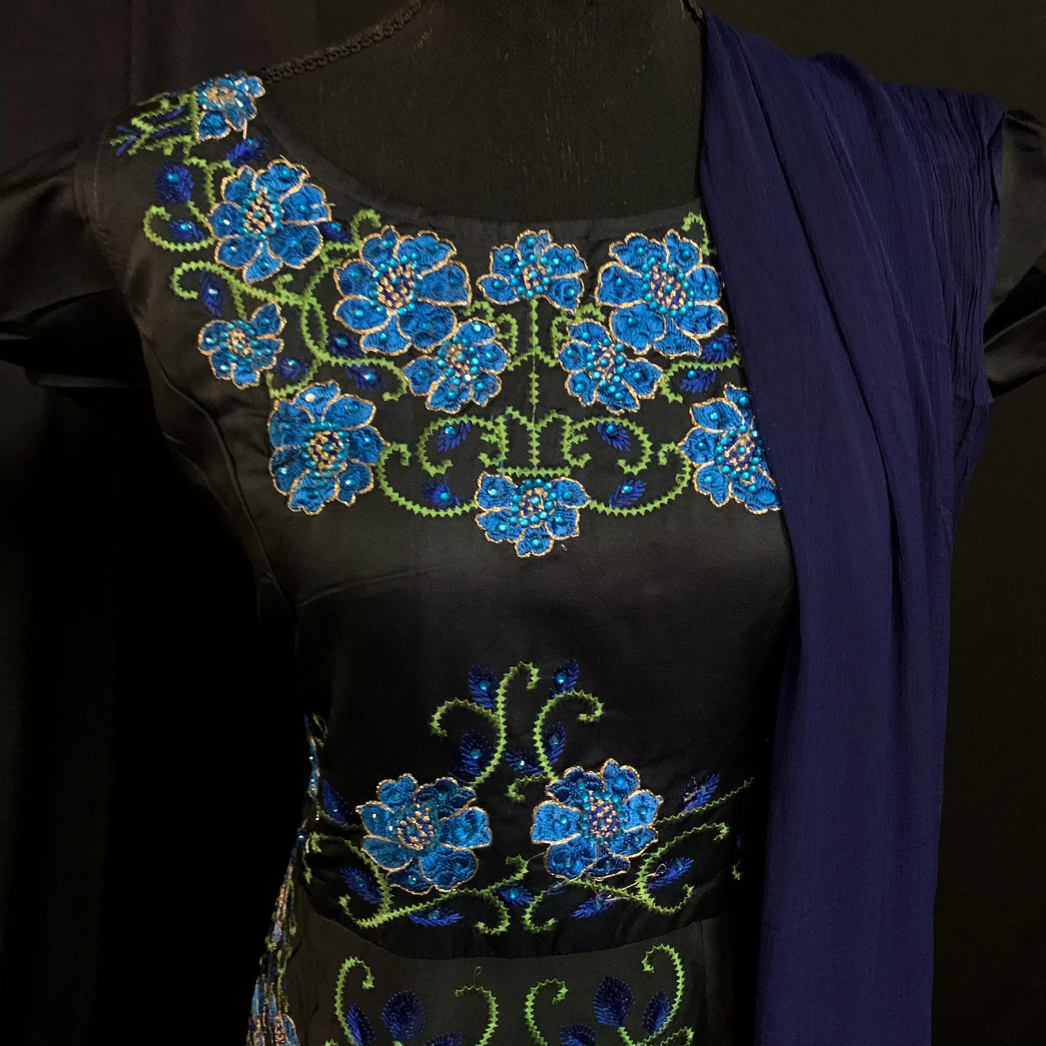 Charming Black Salwar Suit with very Unique Light Blue Floral Embroidery Work