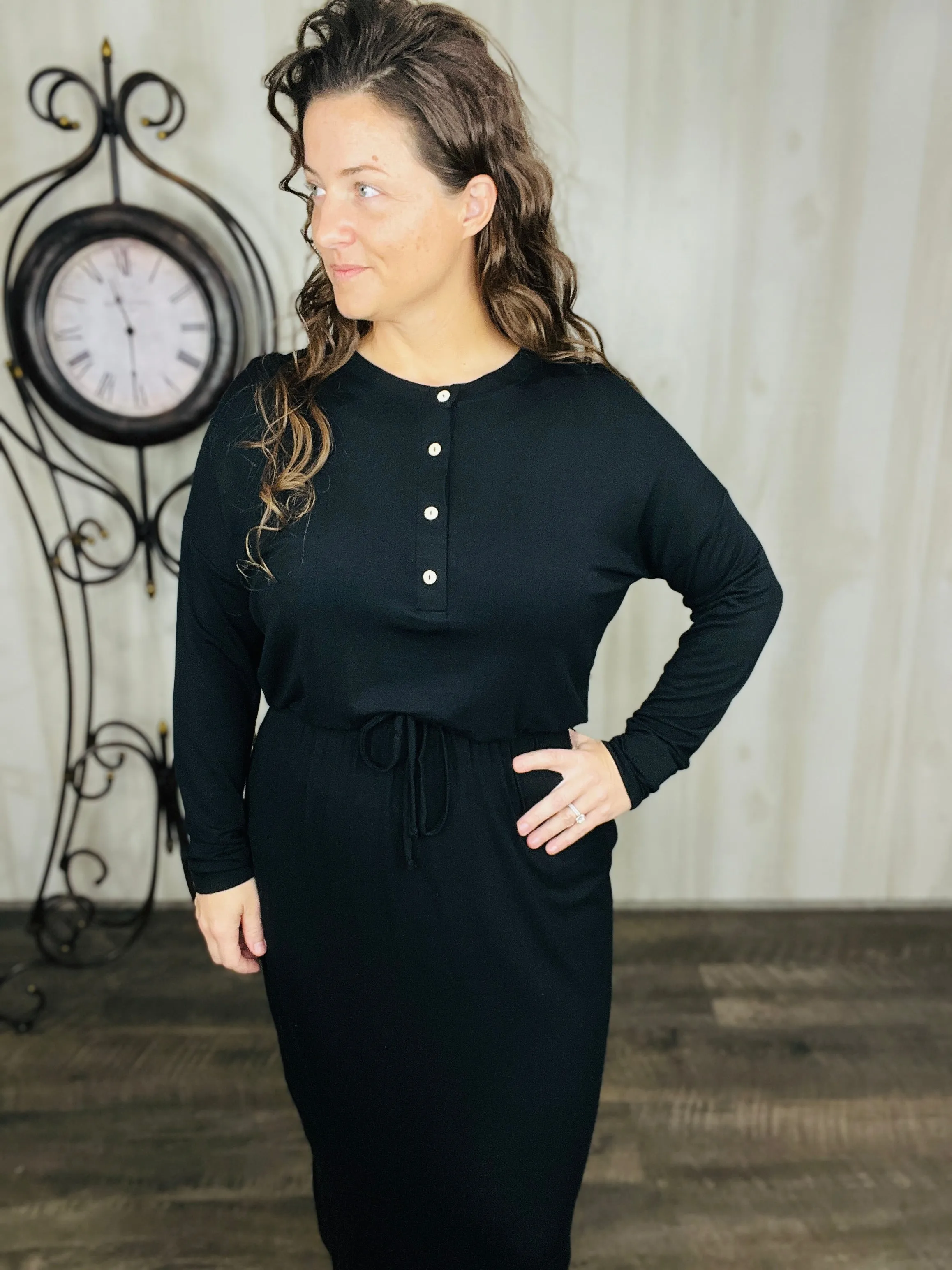 Clarissa Button & Tie Dress- Black or Charcoal