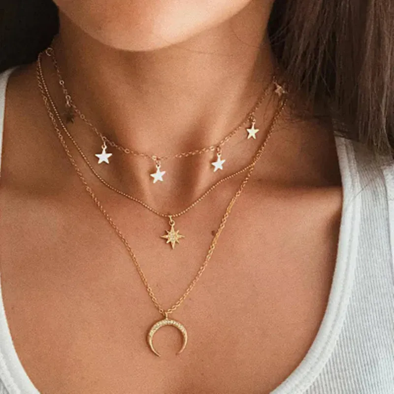 Clavicle Punk Golden Multilayer Moon Star Boho Crystal Women's Necklake