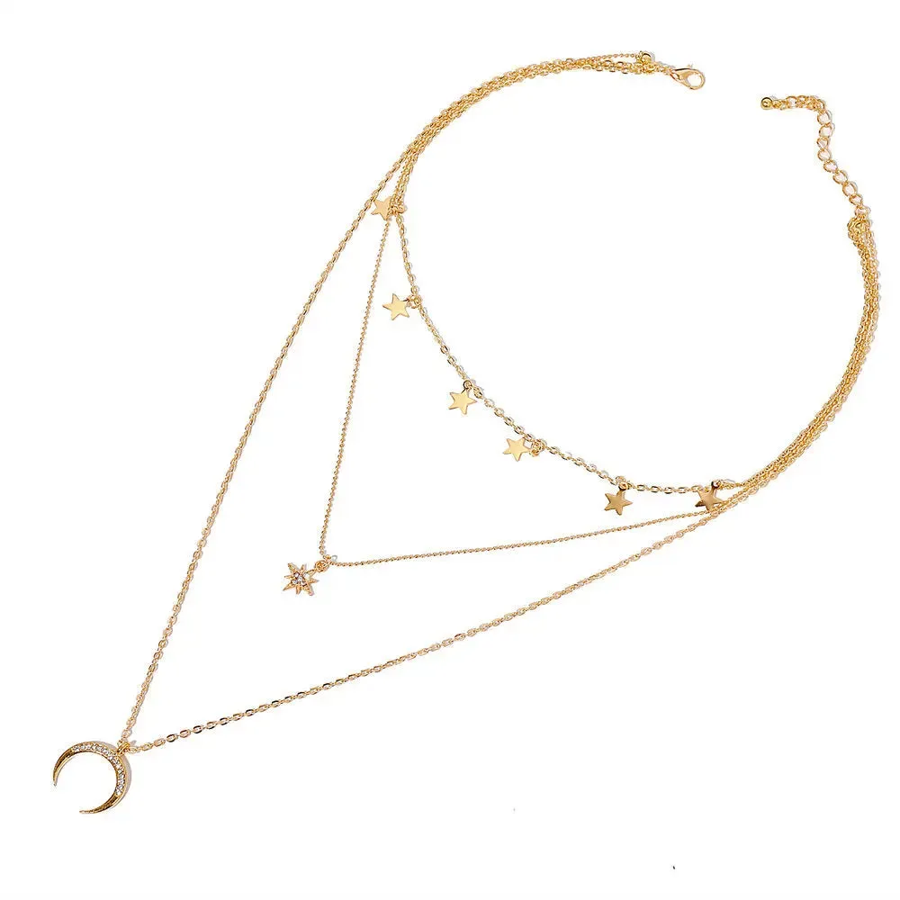 Clavicle Punk Golden Multilayer Moon Star Boho Crystal Women's Necklake