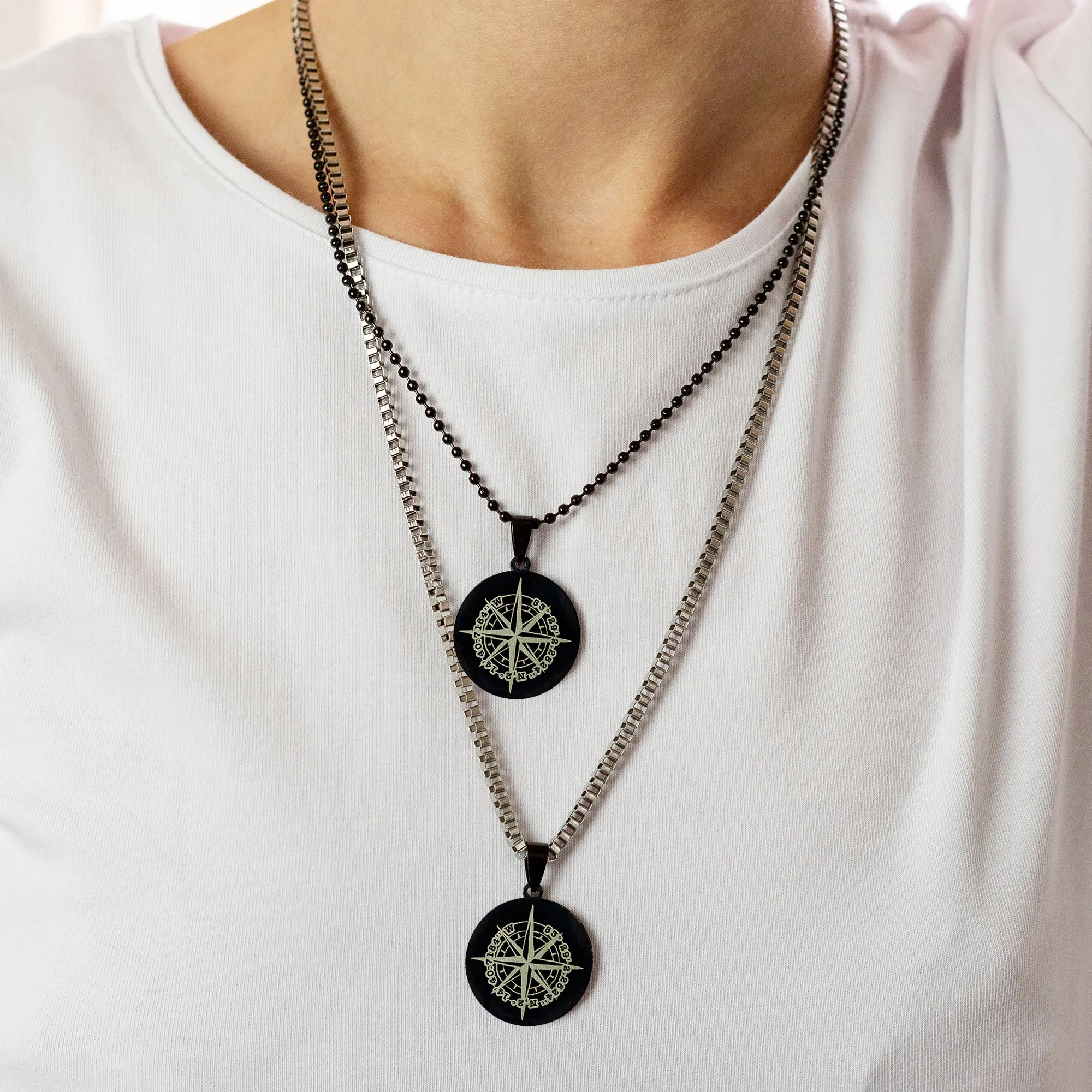 Compass Co-Ordinates Personalised Black Steel Pendant