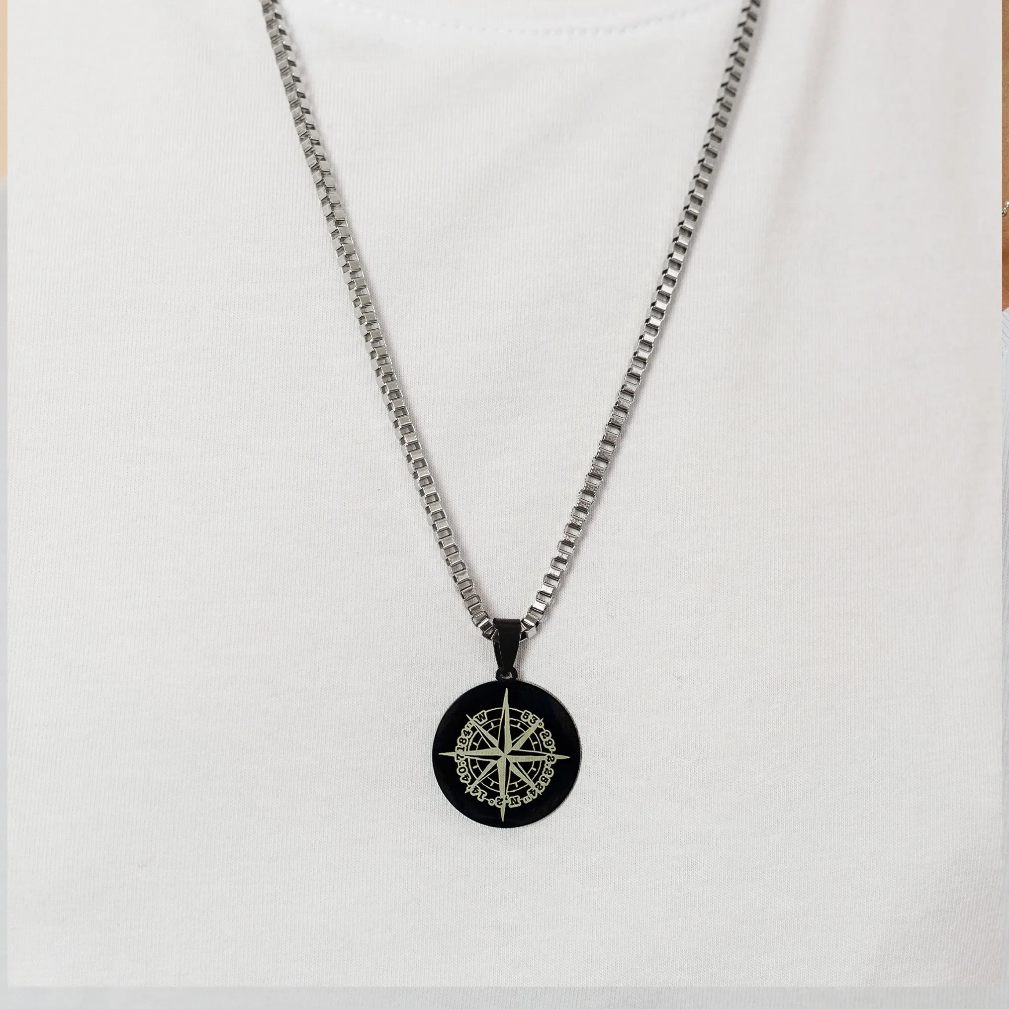 Compass Co-Ordinates Personalised Black Steel Pendant