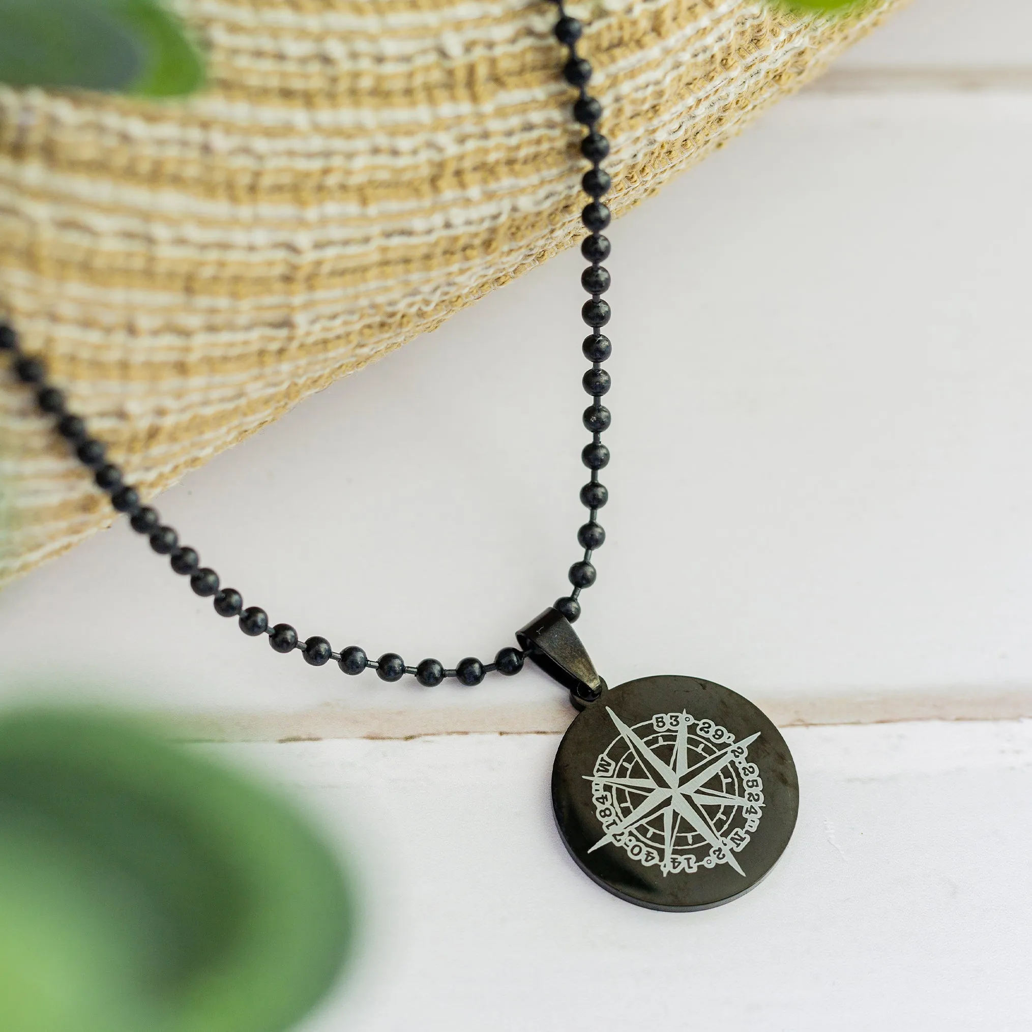 Compass Co-Ordinates Personalised Black Steel Pendant