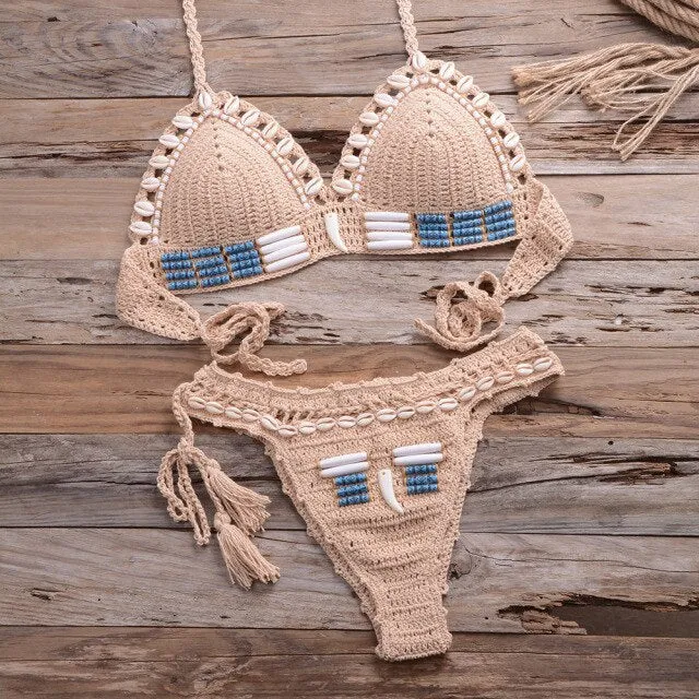 Crochet Bikini Cowrie Shells Hairpipe Beads Blue Black Beige Or White Bohemian Swimsuit Or Boho Festival Halter Available In Sizes Small Medium Or Large