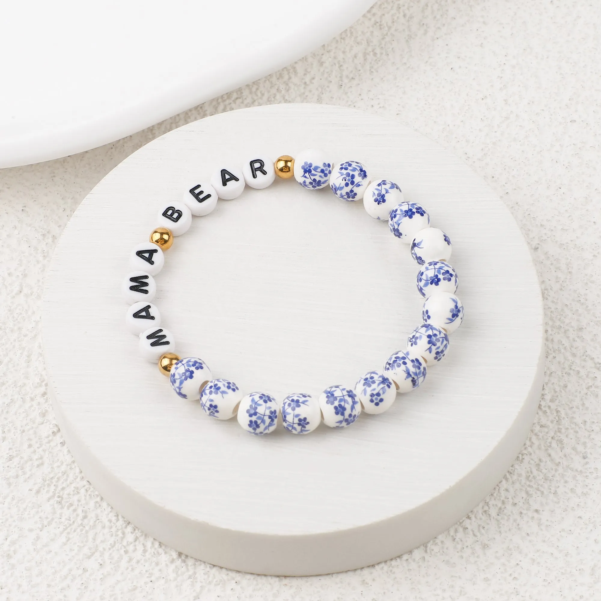 Custom Blue Porcelain Floral Beaded Name Bracelet