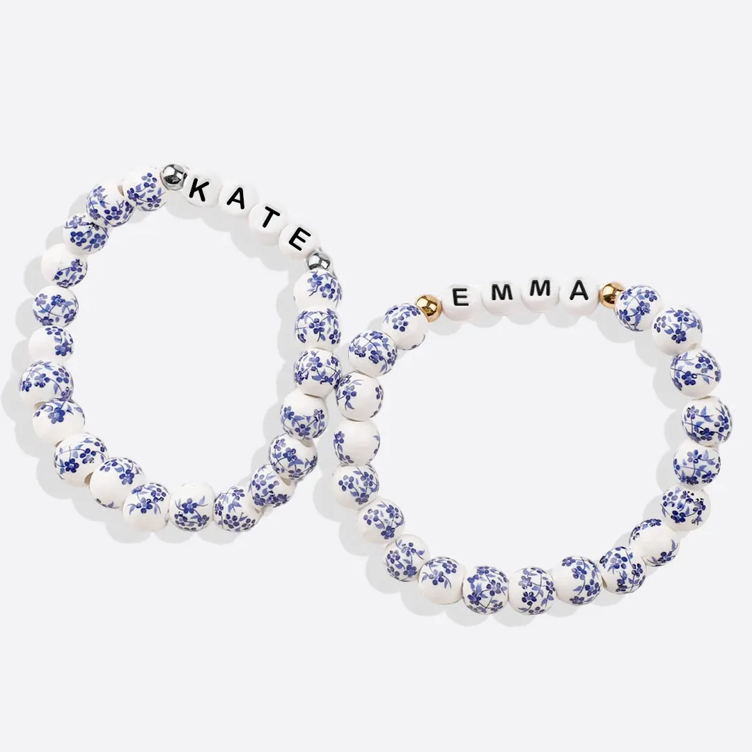 Custom Blue Porcelain Floral Beaded Name Bracelet