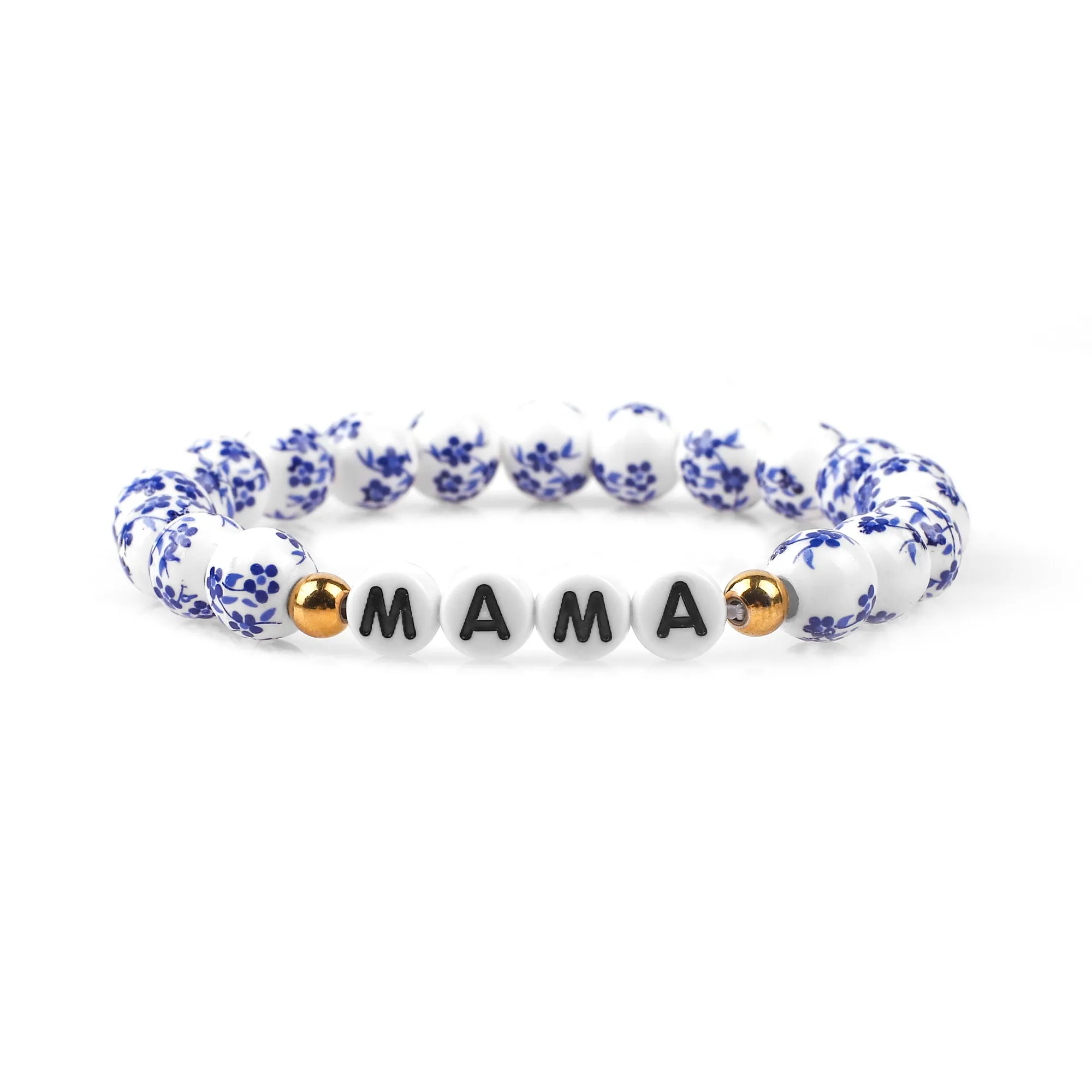 Custom Blue Porcelain Floral Beaded Name Bracelet