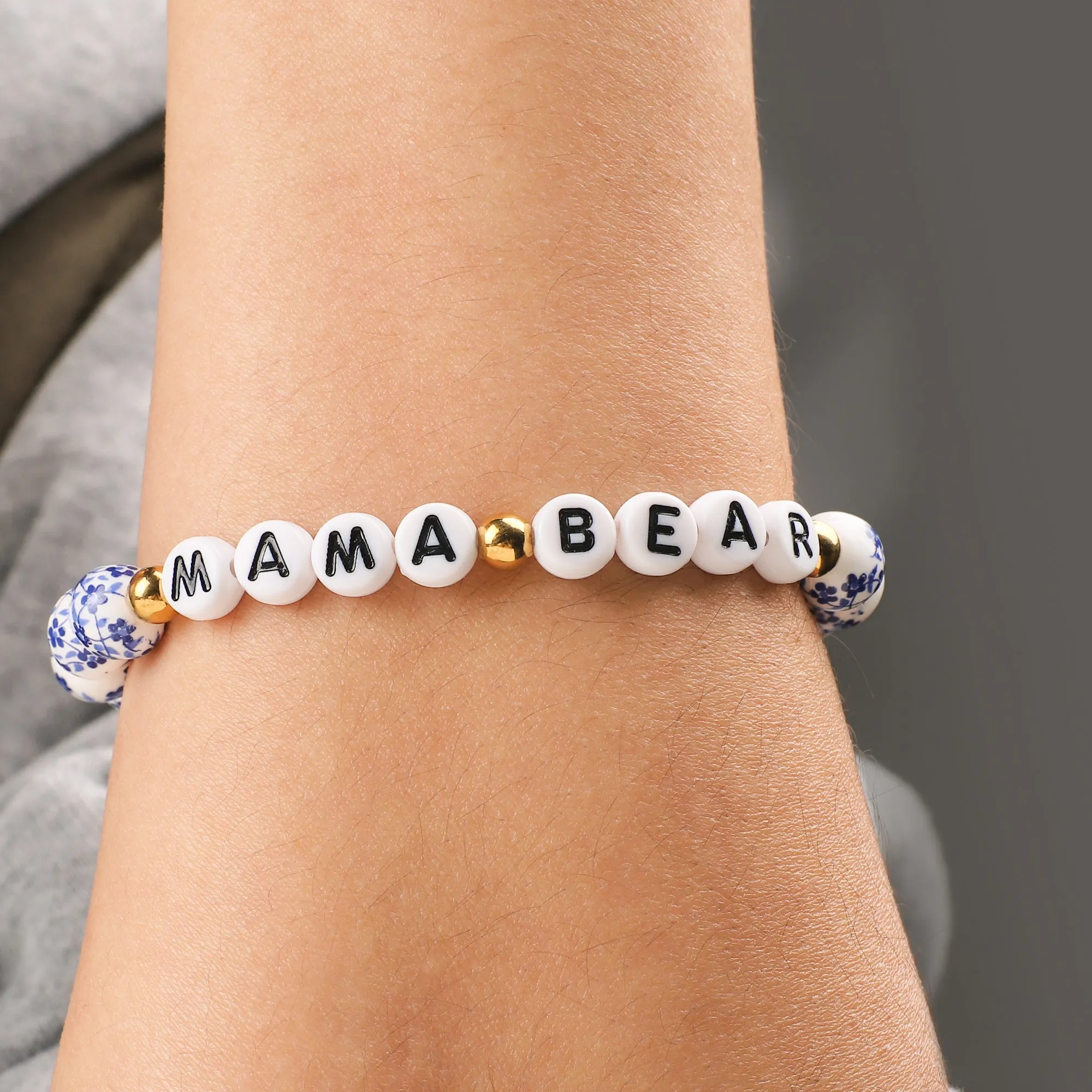 Custom Blue Porcelain Floral Beaded Name Bracelet