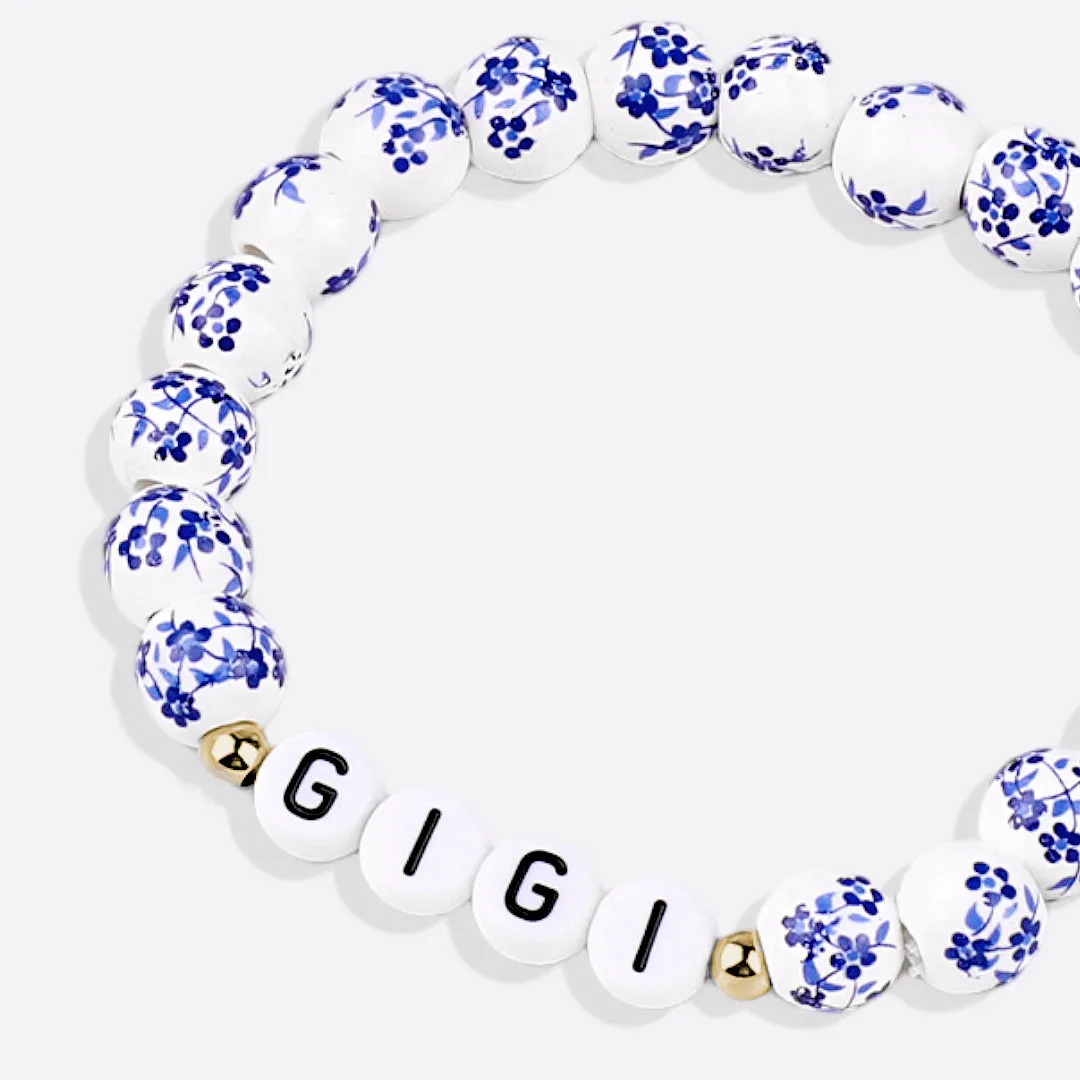 Custom Blue Porcelain Floral Beaded Name Bracelet