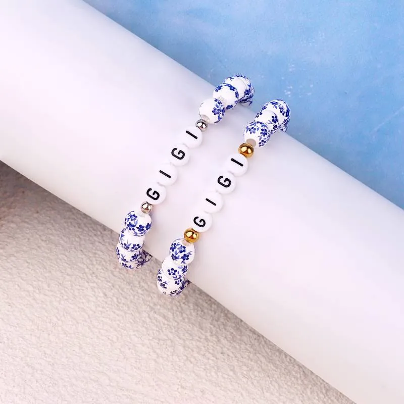 Custom Blue Porcelain Floral Beaded Name Bracelet