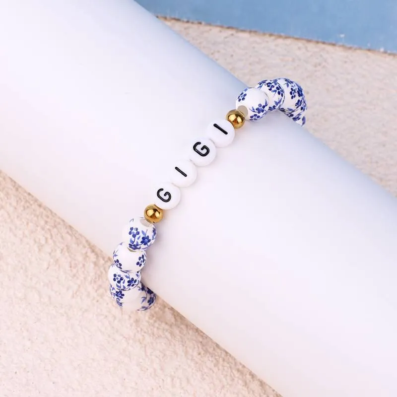 Custom Blue Porcelain Floral Beaded Name Bracelet