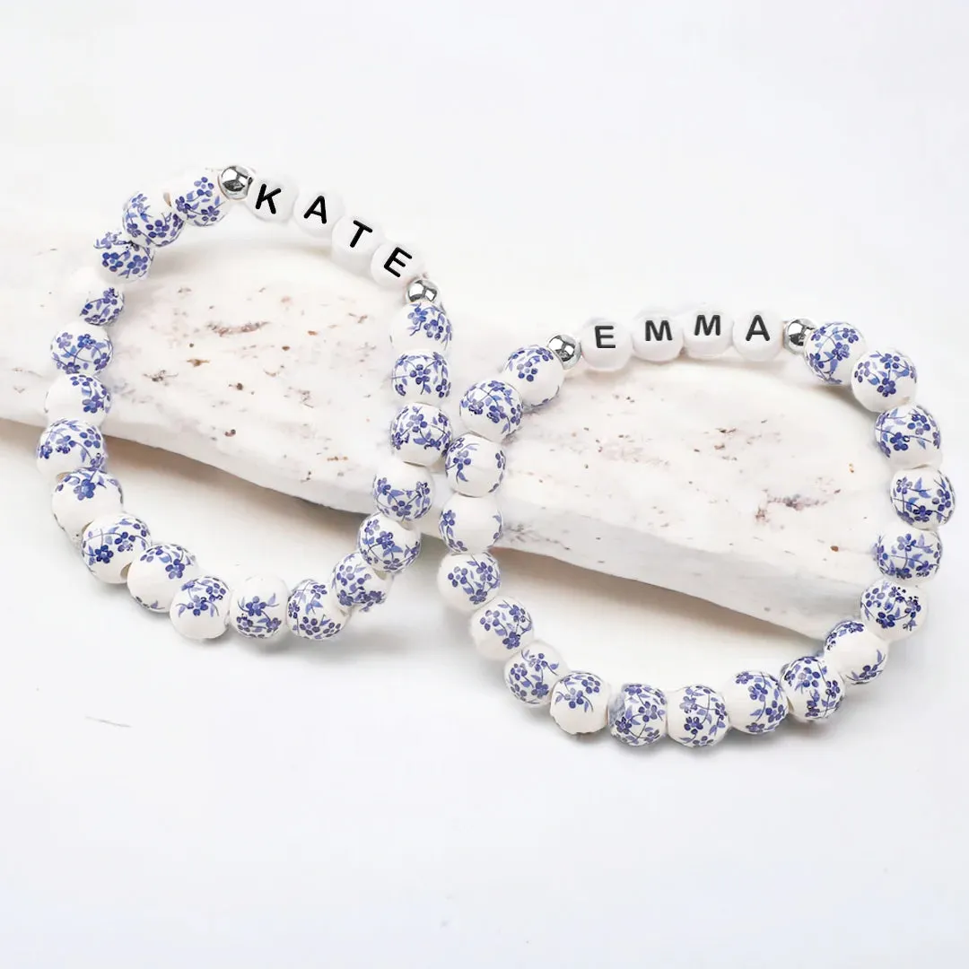 Custom Blue Porcelain Floral Beaded Name Bracelet