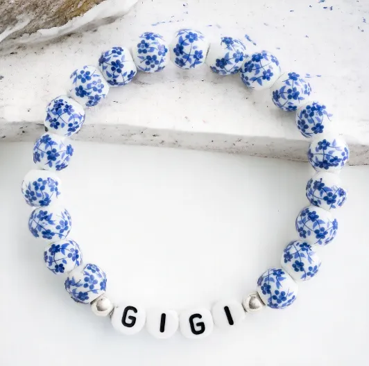 Custom Blue Porcelain Floral Beaded Name Bracelet