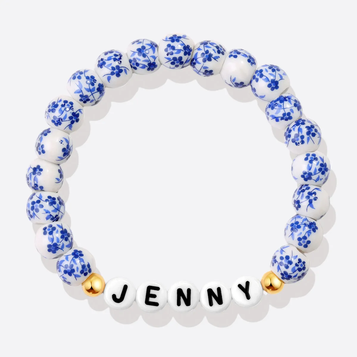 Custom Blue Porcelain Floral Beaded Name Bracelet