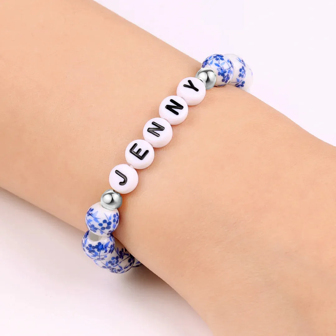 Custom Blue Porcelain Floral Beaded Name Bracelet