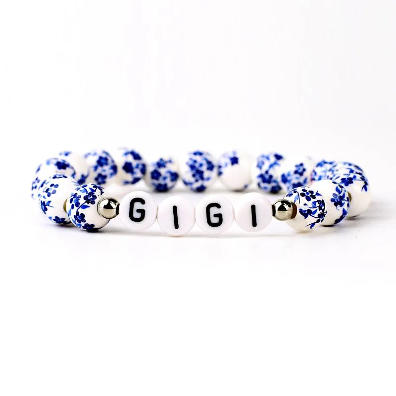 Custom Blue Porcelain Floral Beaded Name Bracelet