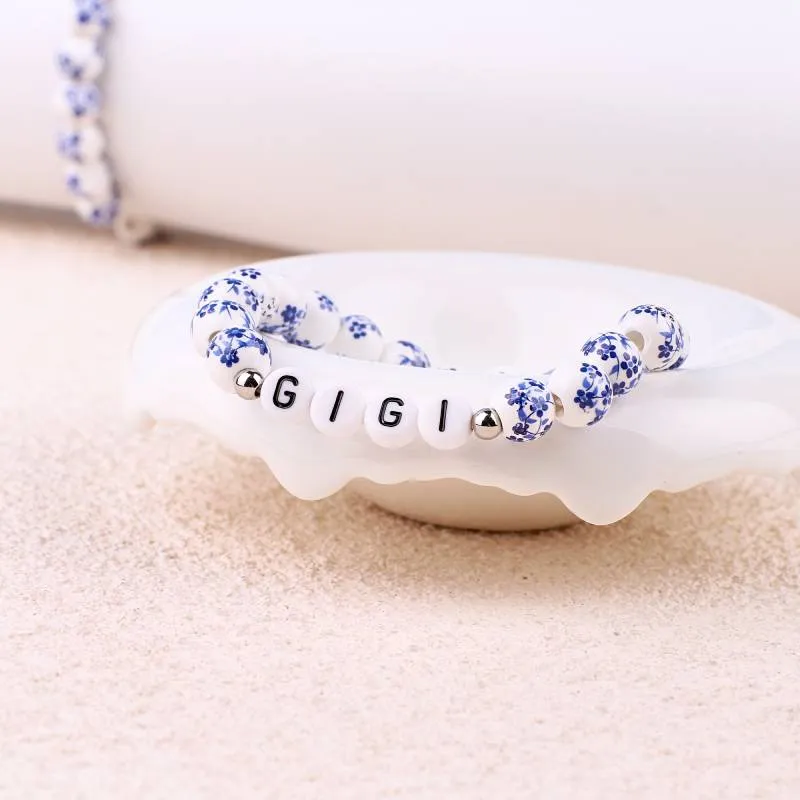 Custom Blue Porcelain Floral Beaded Name Bracelet