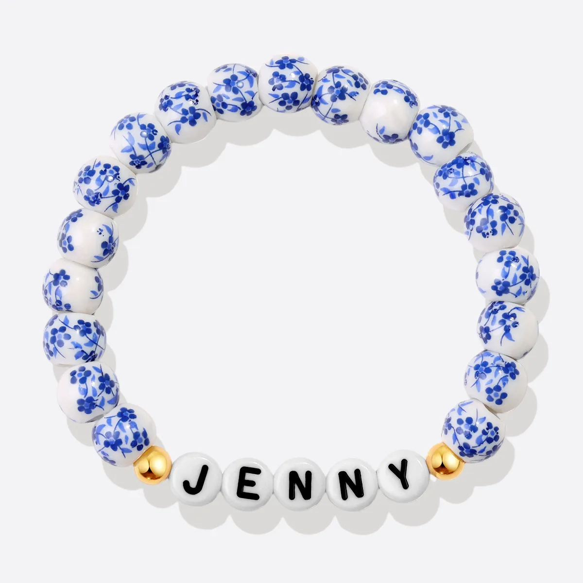 Custom Blue Porcelain Floral Beaded Name Bracelet