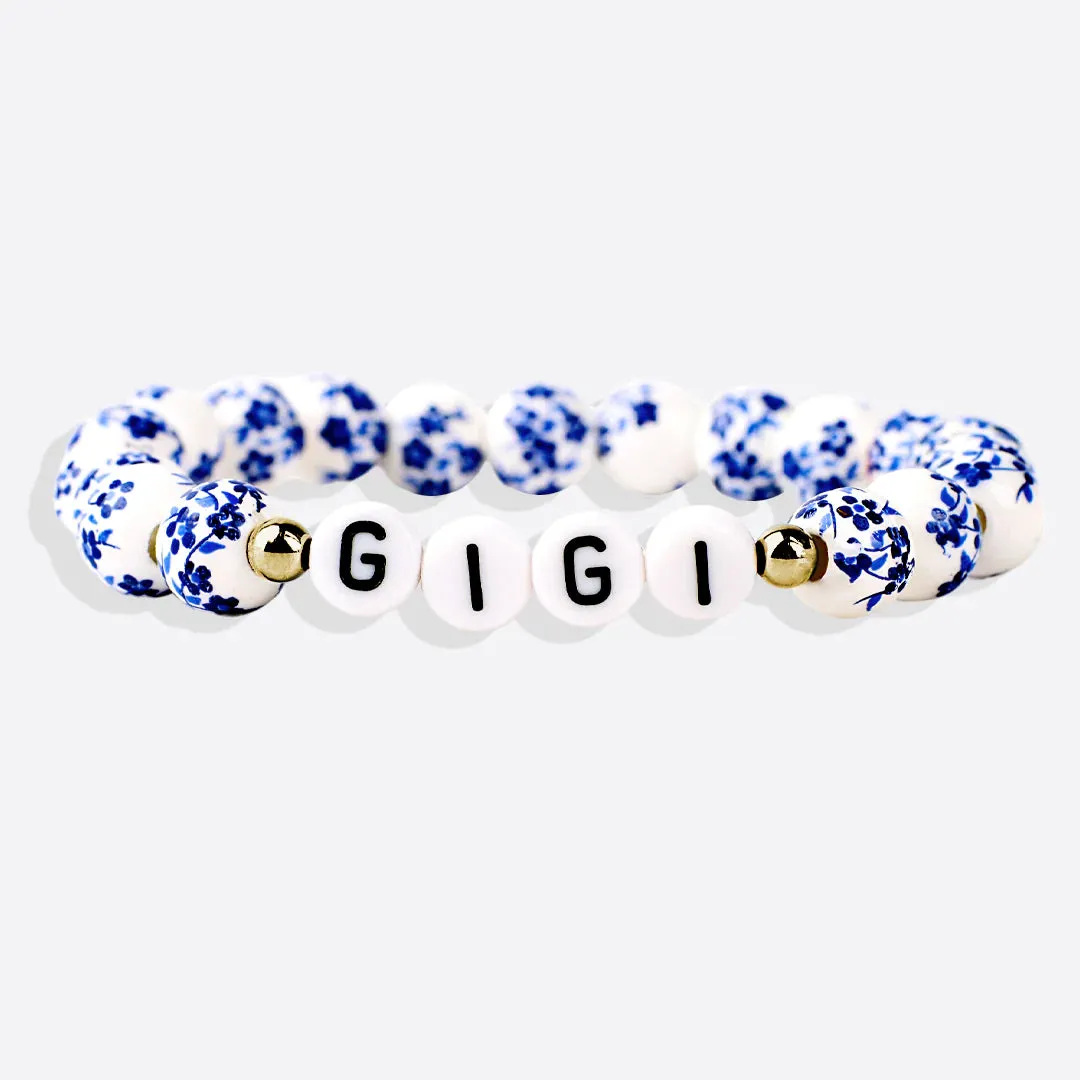 Custom Blue Porcelain Floral Beaded Name Bracelet