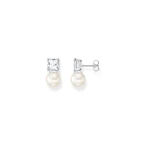 Ear studs pearl with white stone silver