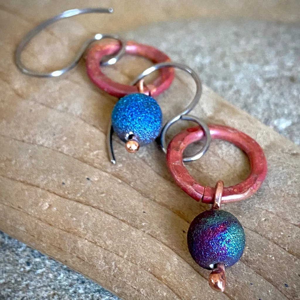 Earrings with Hammered Copper Rings, Blue &  Purple Raku Beads