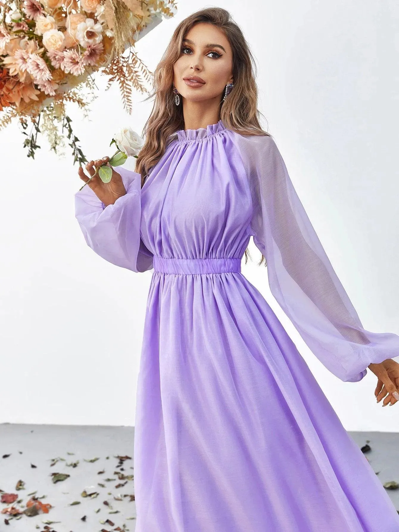 Elegant Mock Neck Long Sleeve Maxi A line Dresses