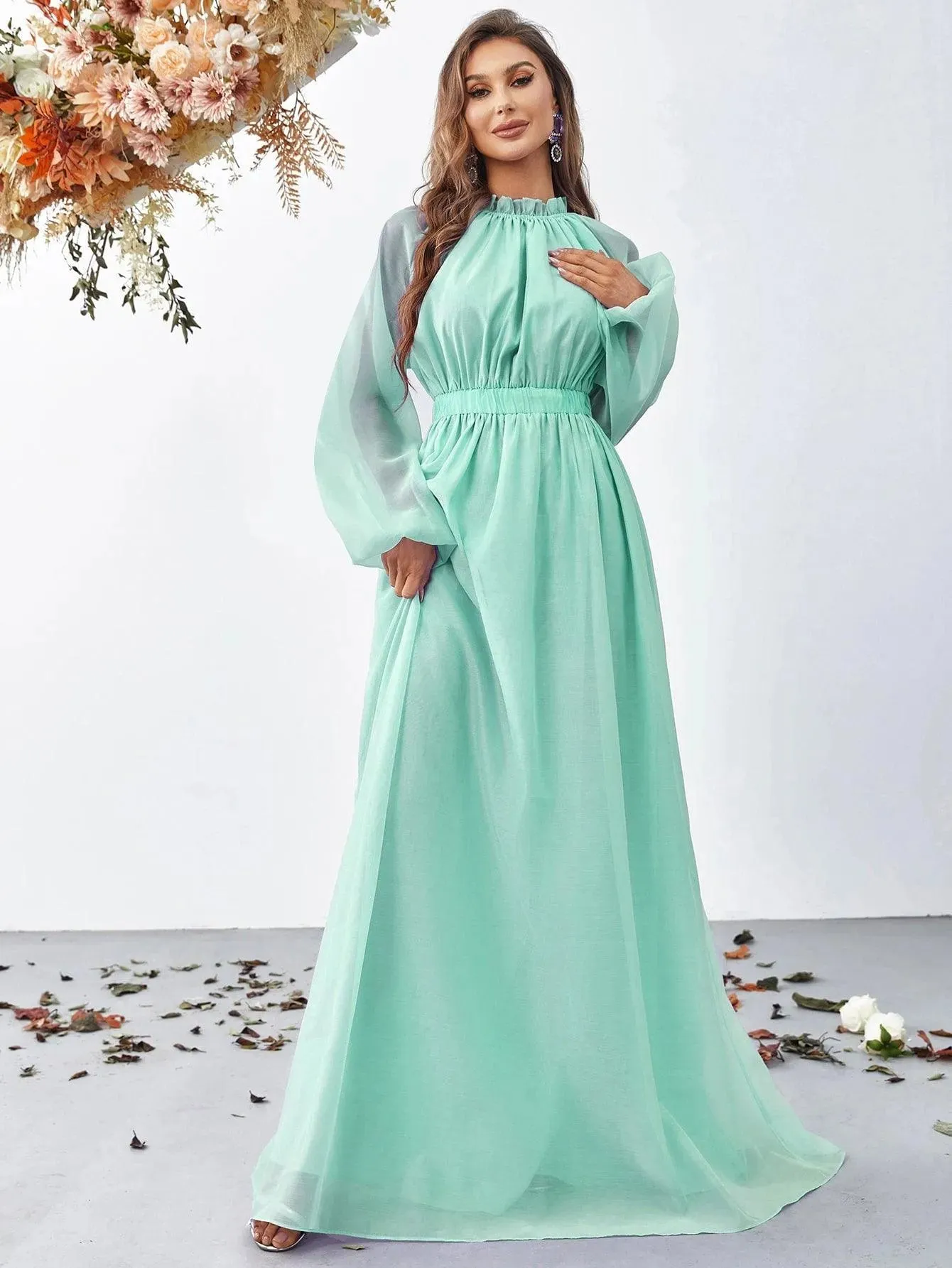 Elegant Mock Neck Long Sleeve Maxi A line Dresses