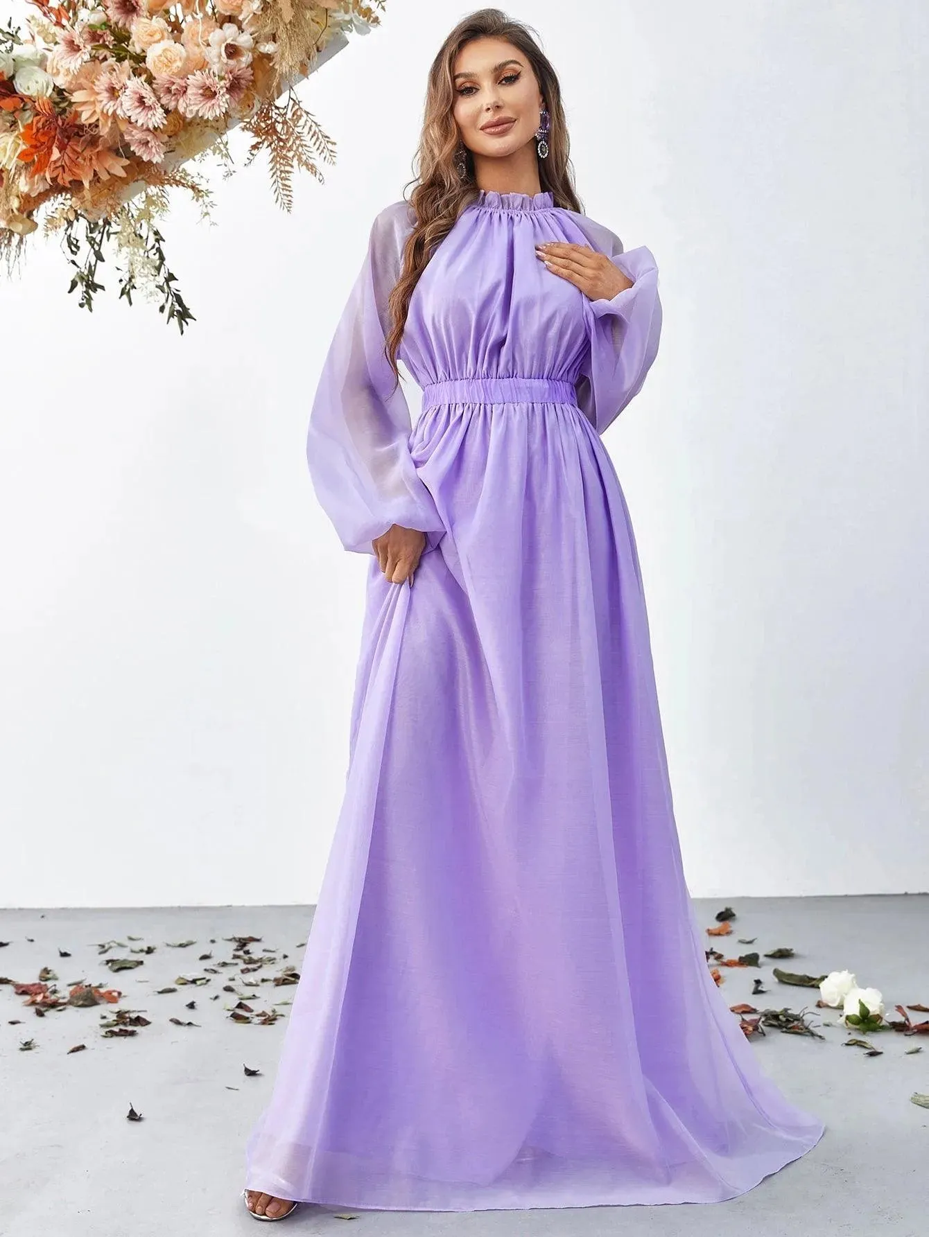 Elegant Mock Neck Long Sleeve Maxi A line Dresses