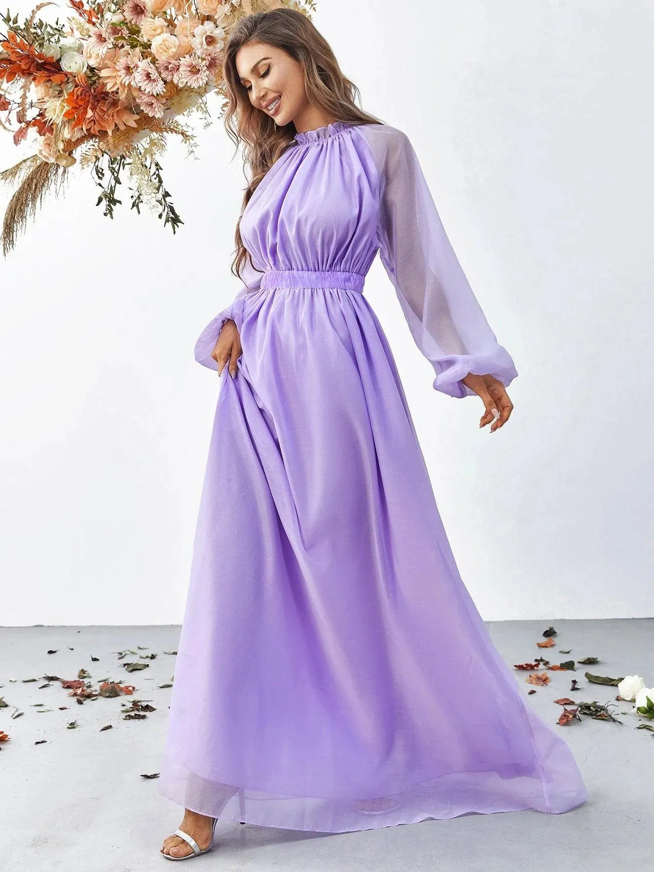 Elegant Mock Neck Long Sleeve Maxi A line Dresses