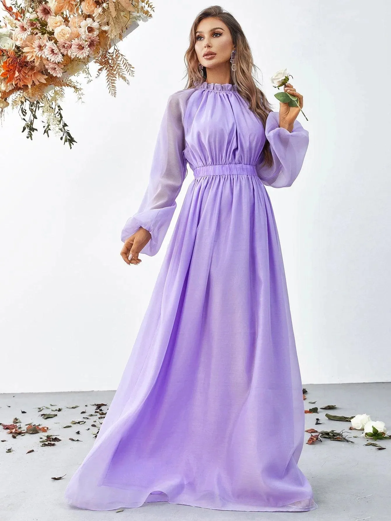 Elegant Mock Neck Long Sleeve Maxi A line Dresses