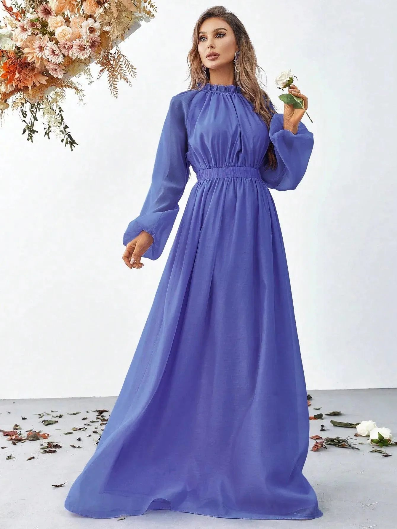 Elegant Mock Neck Long Sleeve Maxi A line Dresses