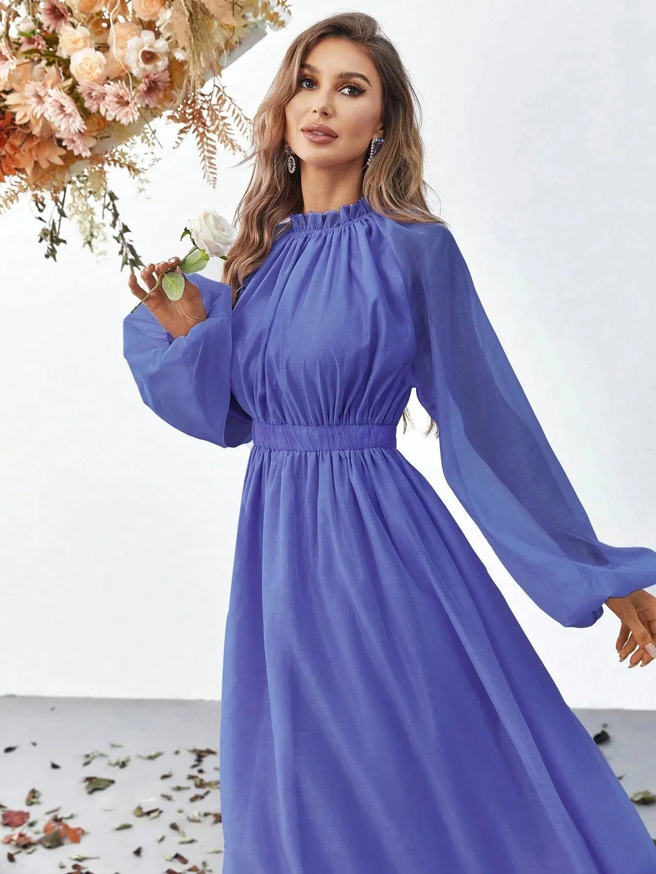 Elegant Mock Neck Long Sleeve Maxi A line Dresses