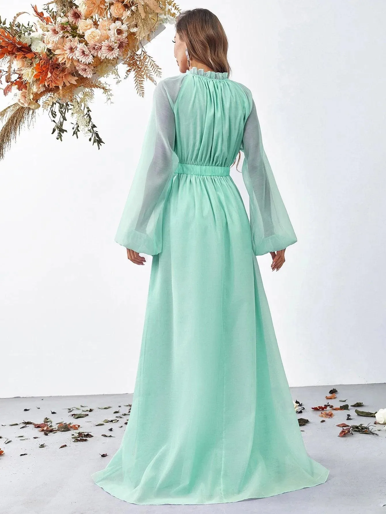 Elegant Mock Neck Long Sleeve Maxi A line Dresses