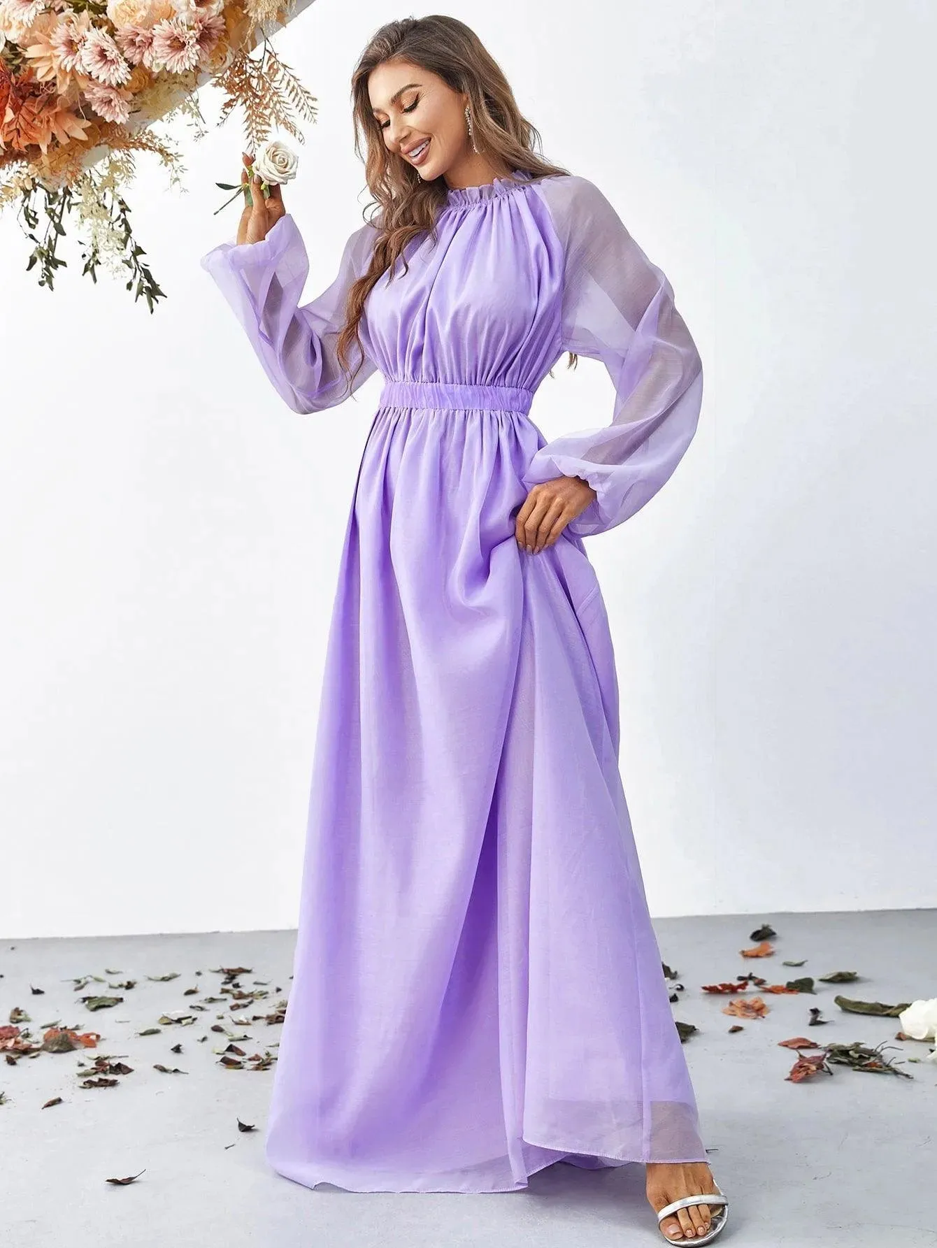 Elegant Mock Neck Long Sleeve Maxi A line Dresses