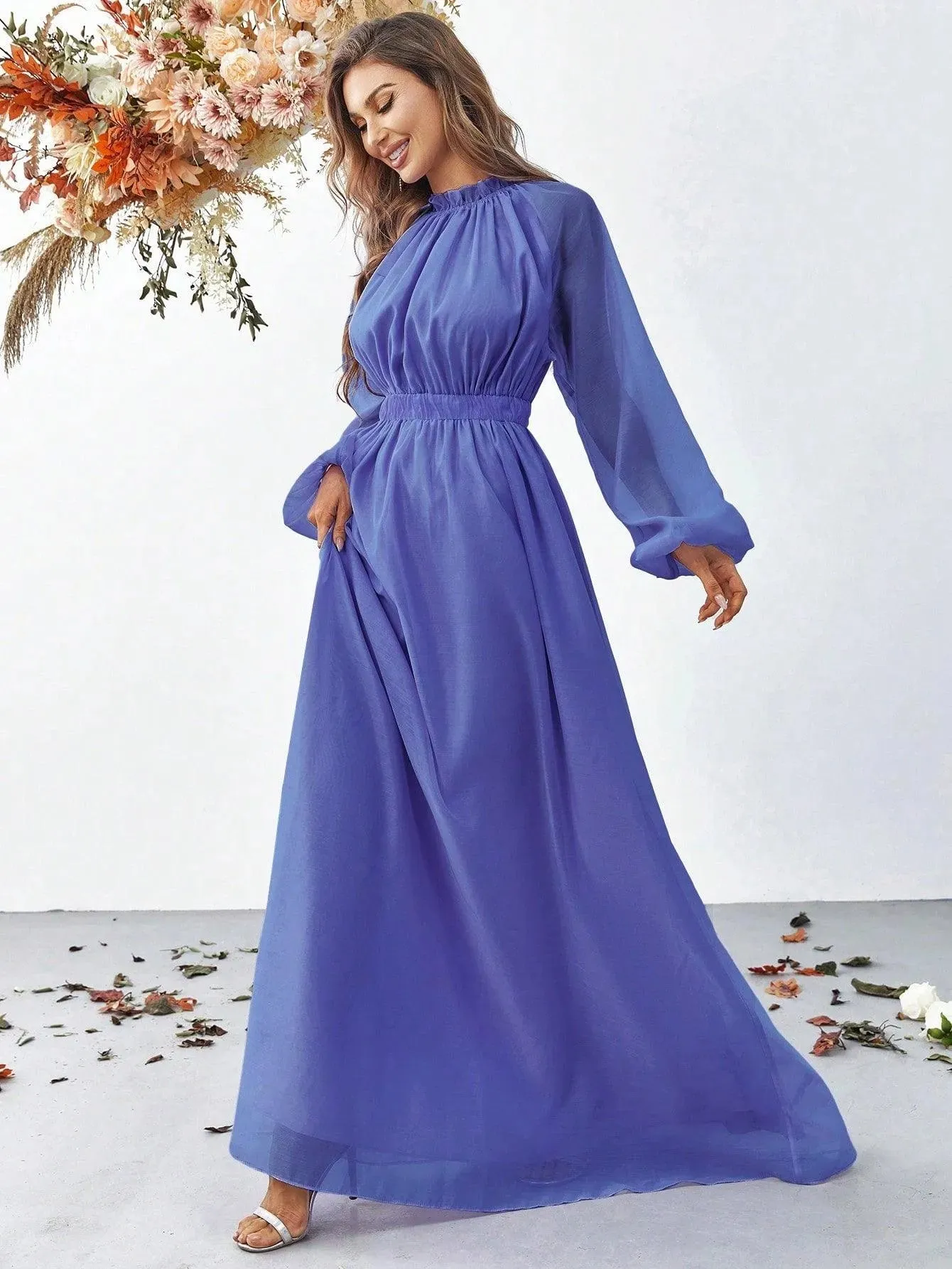 Elegant Mock Neck Long Sleeve Maxi A line Dresses