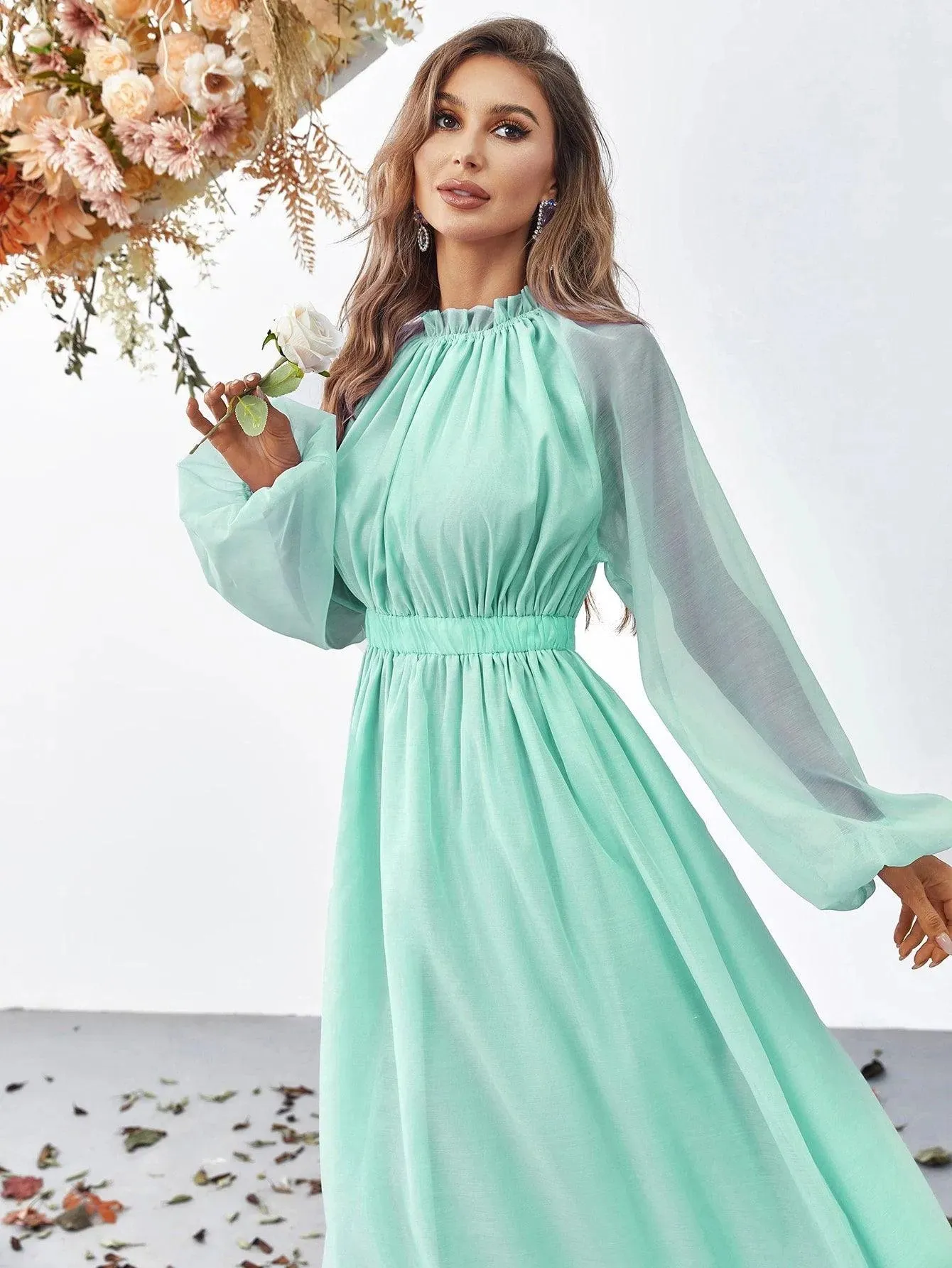 Elegant Mock Neck Long Sleeve Maxi A line Dresses